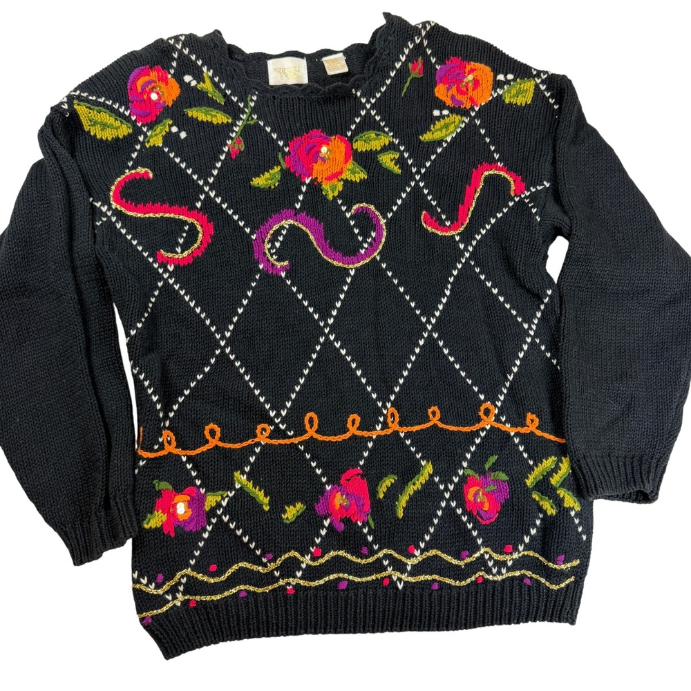 Vintage Needles & Yarn Black Floral Embroidered Sequin Sweater Ramie Cotton M